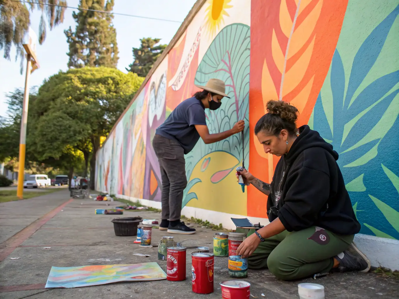 Teenagers collaborating on a mural project, demonstrating teamwork and artistic expression in the ASSOCIATION TOURNEFOU's teen art program.