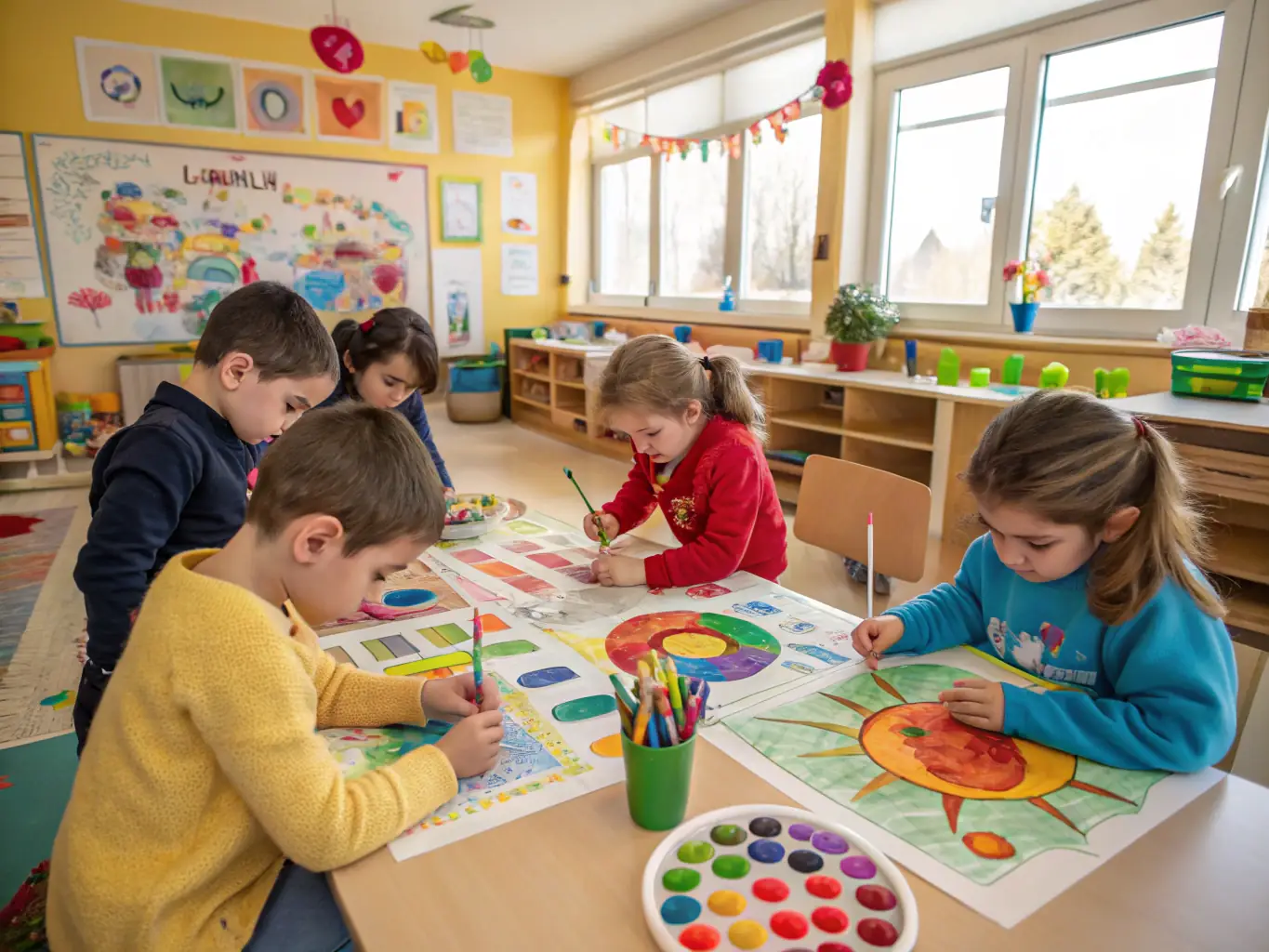 A group of children happily painting together in a bright and colorful art studio, showcasing creativity and collaboration.