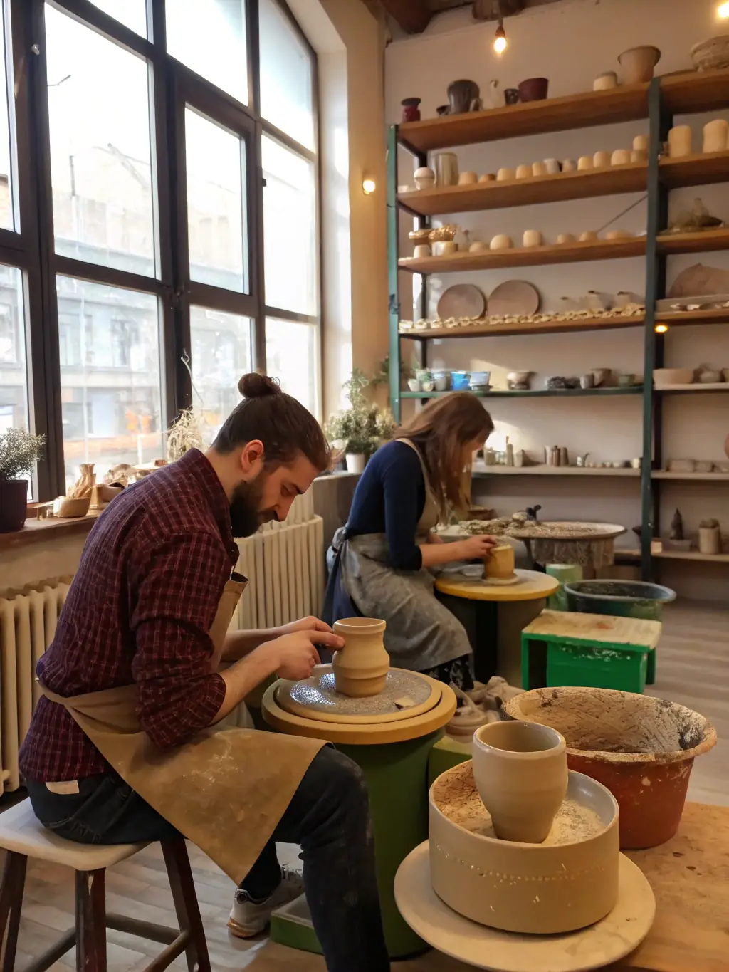Adults are attentively participating in a pottery class, learning to shape clay on a pottery wheel under the guidance of an instructor at ASSOCIATION TOURNEFOU.
