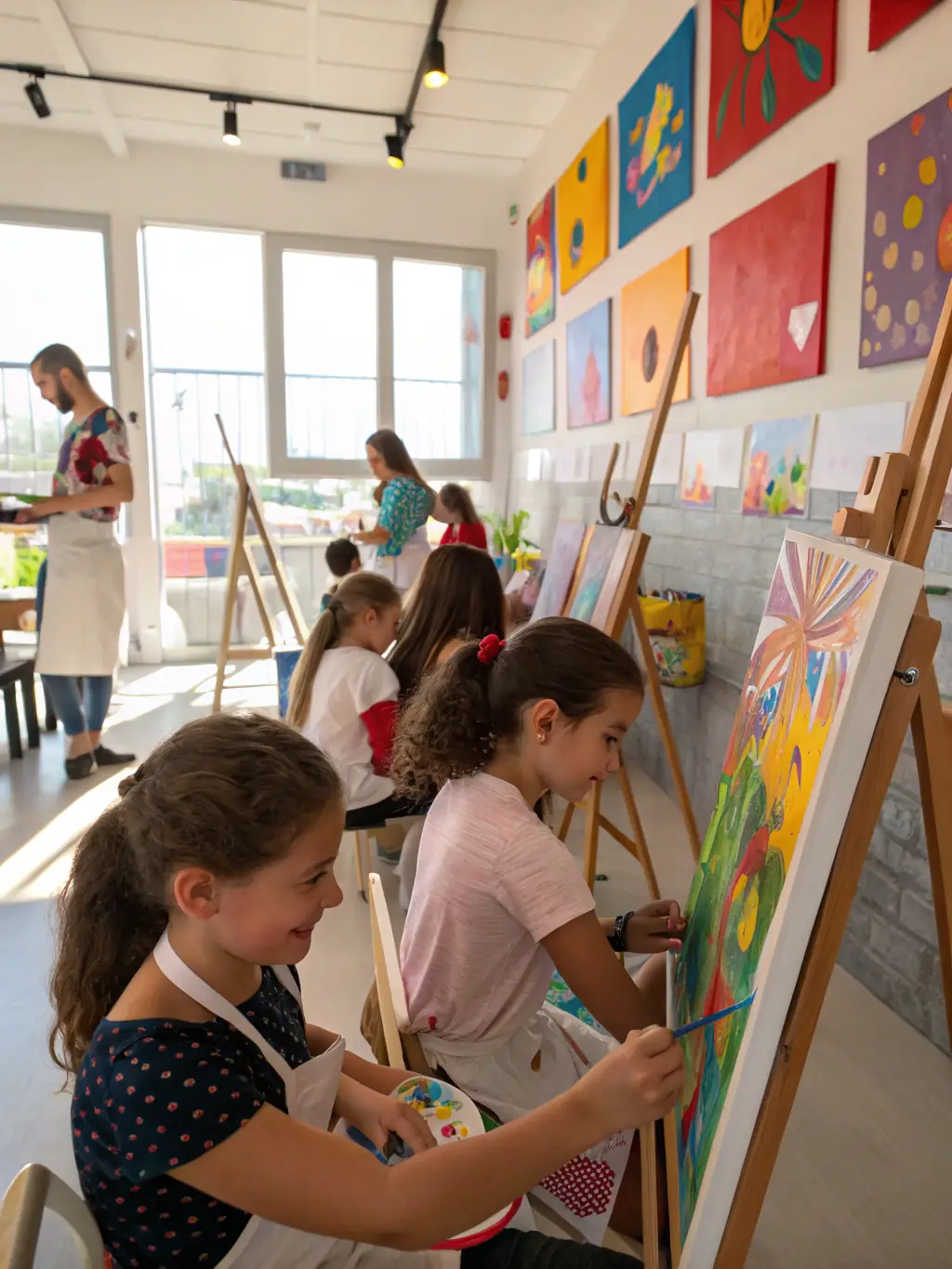 A group of young children are enthusiastically painting colorful murals on a large canvas during an ASSOCIATION TOURNEFOU art workshop.