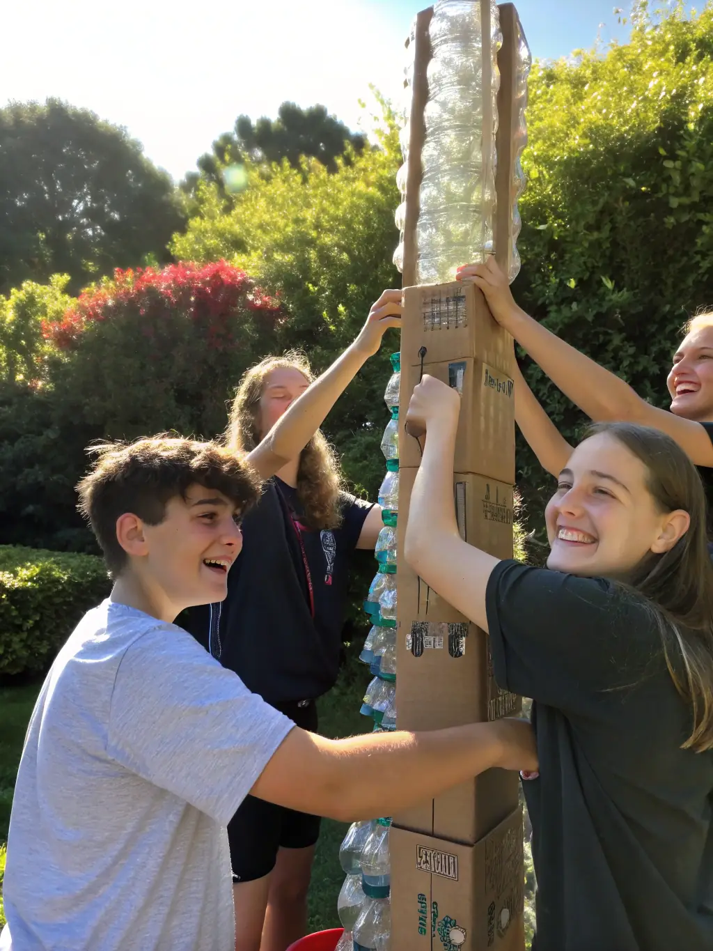 Teenagers are collaboratively designing and constructing a large-scale art installation for a community event sponsored by ASSOCIATION TOURNEFOU.