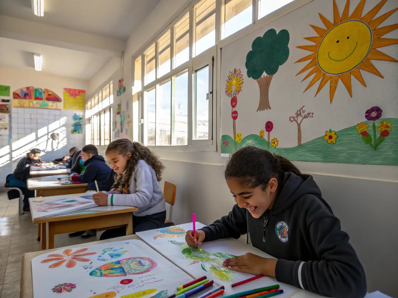 A group of young children enthusiastically participating in a painting workshop, with colorful artworks displayed in the background, showcasing the early childhood art program offered by ASSOCIATION TOURNEFOU.