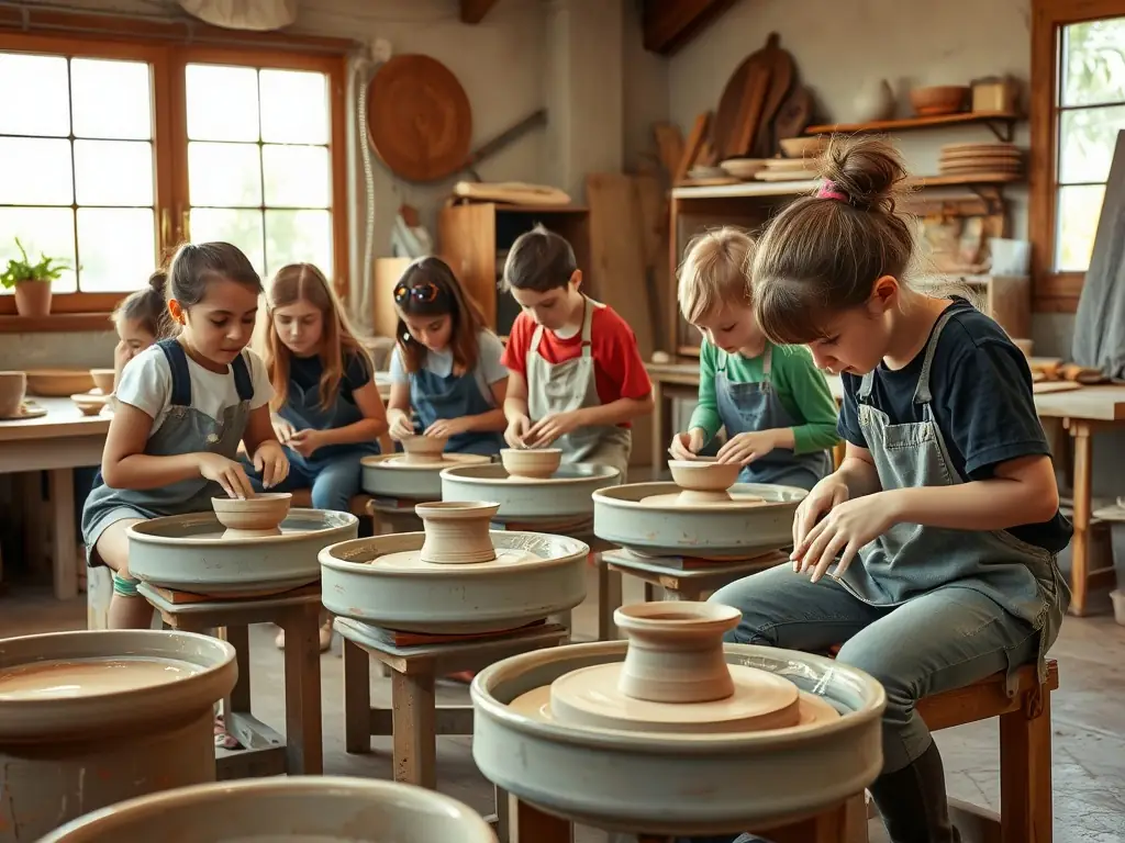 Adults attending a pottery class, learning new skills and creating unique ceramic pieces under the guidance of an instructor at ASSOCIATION TOURNEFOU.